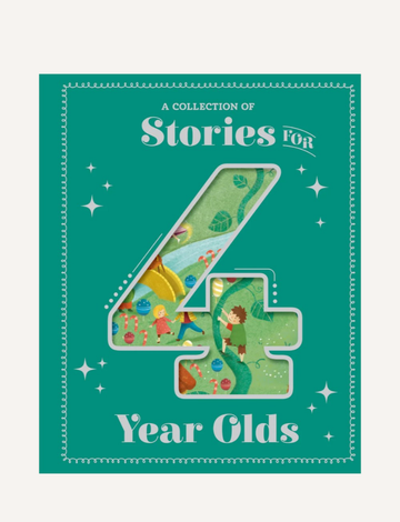 A green book cover titled "Stories for 4 Year Olds" by Lake Press, featuring the title in white text. The large number "4" includes a cutout that reveals an illustration of a child walking along a path surrounded by trees and plants.