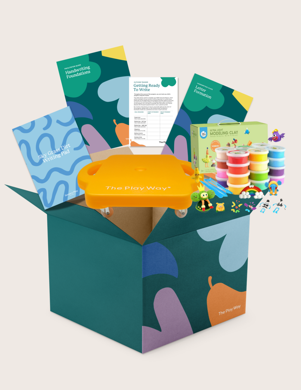The Getting Ready to Write Program by Therapy At Home includes booklets, clay, a yellow tray, and educational tools for kids—ideal for developing handwriting skills—with items neatly arranged in the colorful box.