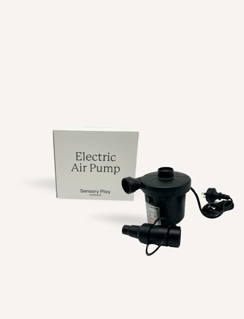 Black electric air pump from Sensory Play Australia, a versatile 2-in-1 tool for quick inflation and deflation of items.
