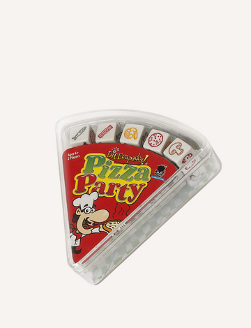 A clear plastic container shaped like a pizza slice holds dice for a pizza-themed game. The package features the text "Pizza Party Game" alongside cartoon artwork of a chef and is brought to you by Jedko Games.