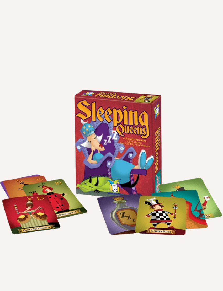 A box of the "Sleeping Queens Game" by Jedko Games is accompanied by a variety of illustrated cards featuring colorful and playful images, such as queens and dragons.