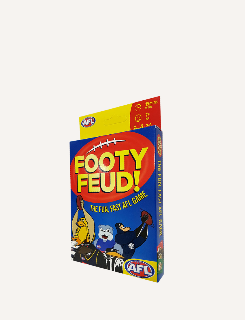 The image depicts a boxed card game called "AFL Footy Feud" by VR Distribution, featuring the AFL logo. The packaging is primarily red and blue, adorned with cartoon characters and sports graphics. It promotes itself as a fun and fast-paced AFL game appropriate for ages 7 and up, accommodating 2-4 players with a playtime of around 15 minutes.