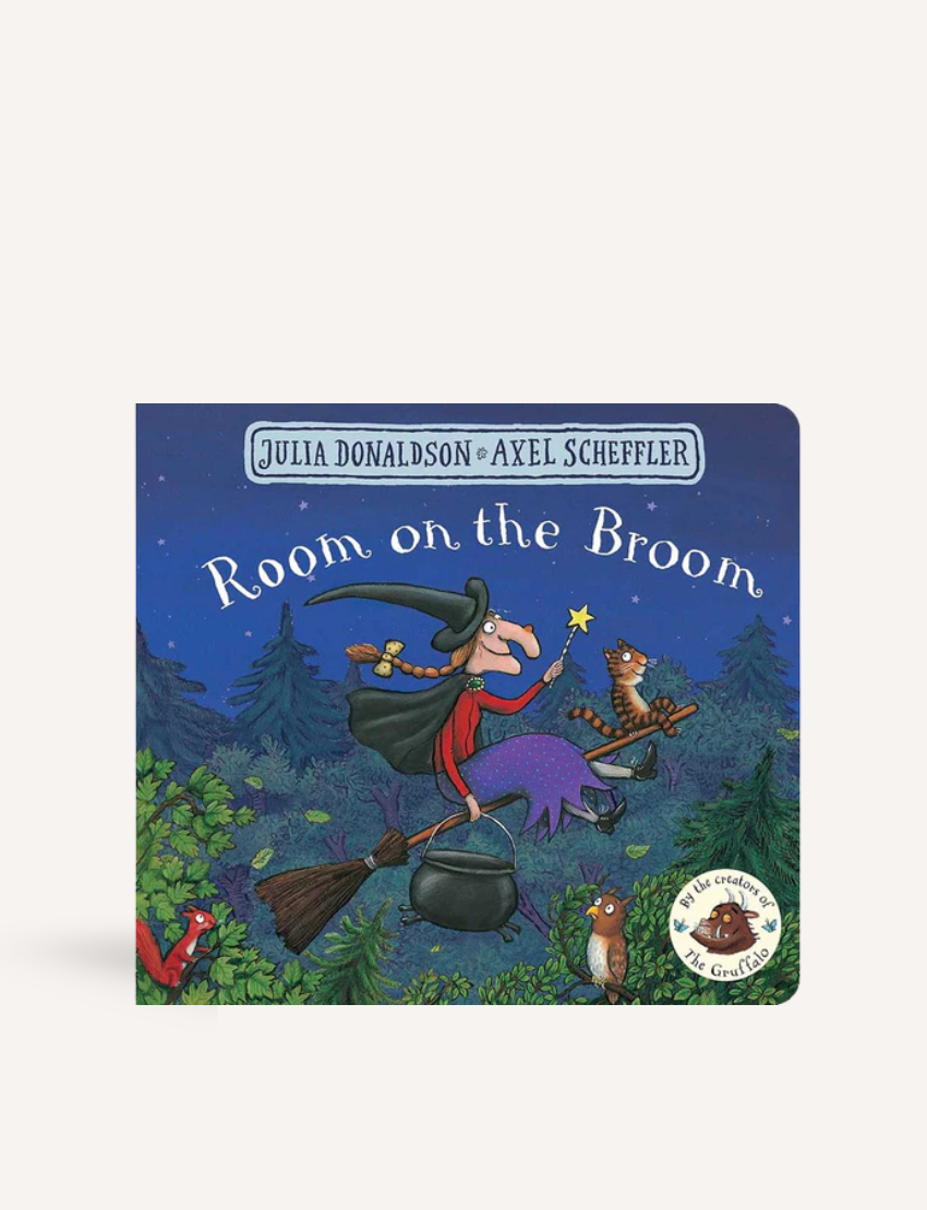 The cover of "Room on the Broom," a children's book by Julia Donaldson and Axel Scheffler, features a witch and cat gliding on a broomstick under a moonlit sky, along with a badge that announces it's "by the creators of The Gruffalo.