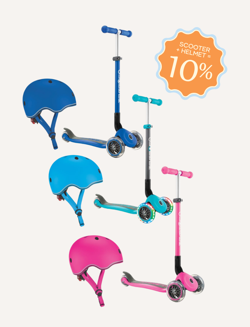Kids' scooters and helmets in blue, teal, and pink. Safety gear for active outdoor play and fun rides.