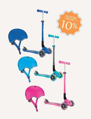 The image showcases three sets of Globber Scooter & Helmet Bundles for children in blue, green, and pink, emphasizing the importance of kids' safety. Each set includes a Globber scooter with three wheels and a matching helmet. A badge indicates a 10% discount when buying the scooter and helmet as a bundle.