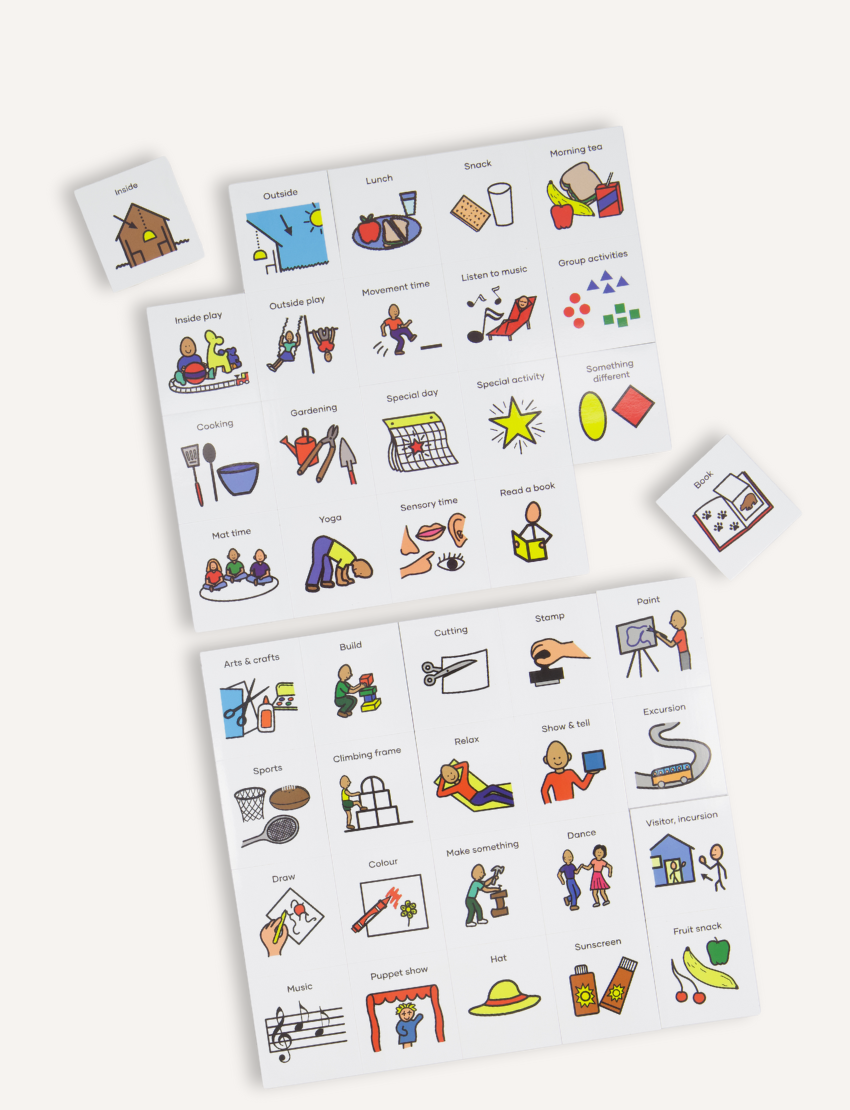 The Kinder Routine Magnet Set by Sensory Play Australia includes three sheets of illustrated activity cards that display images and text depicting actions like playing, eating, and exercising. Additionally, there's a blank template for creating extra cards.