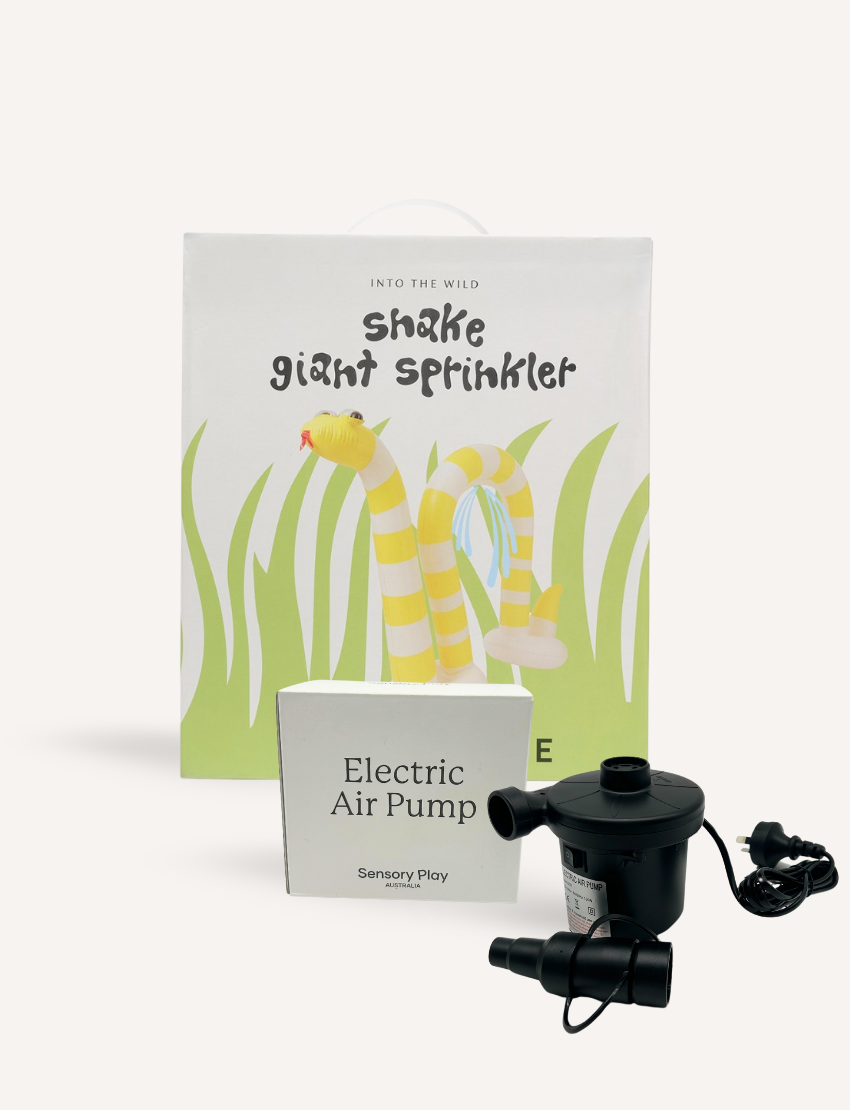SunnyLife "Shake Giant Sprinkler" box with an inflatable snake shown, with a black electric air pump.