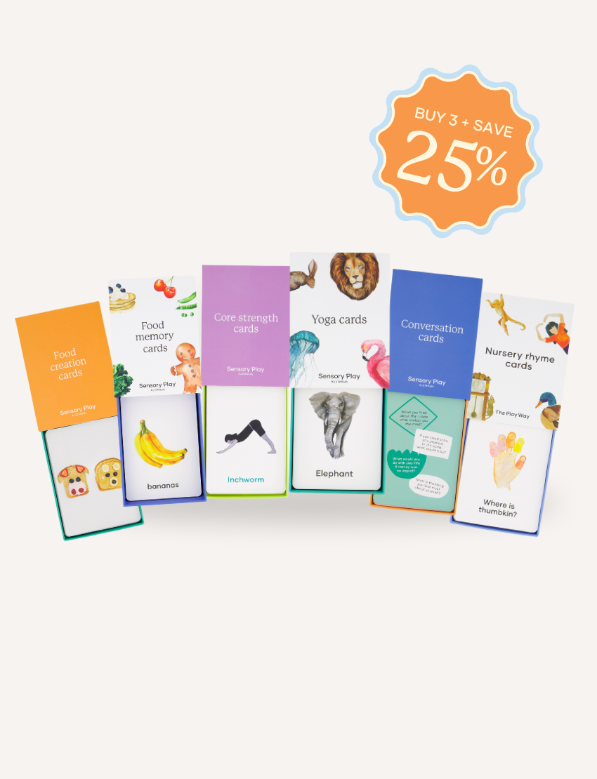 Sensory Play Australia Mix & Match Card Sets bundle, featuring various flashcards like Food, Yoga, and Conversation for engaging educational play to support developmental skills.
