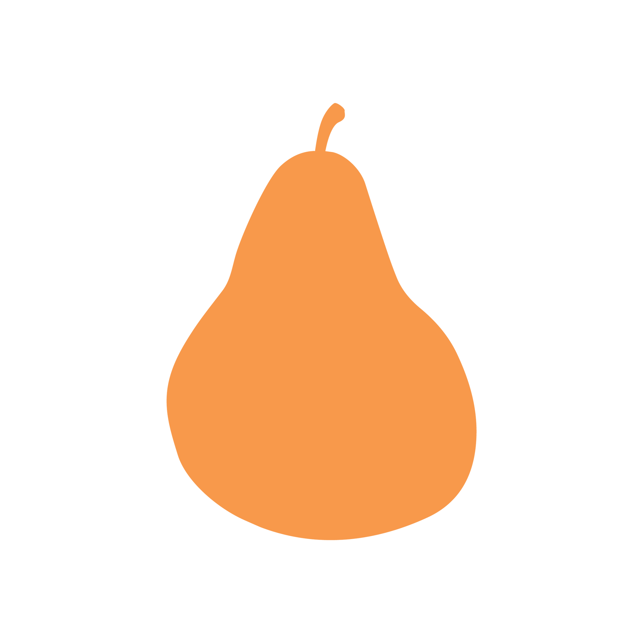 A graphic of a simple orange pear on a white background, representing food.