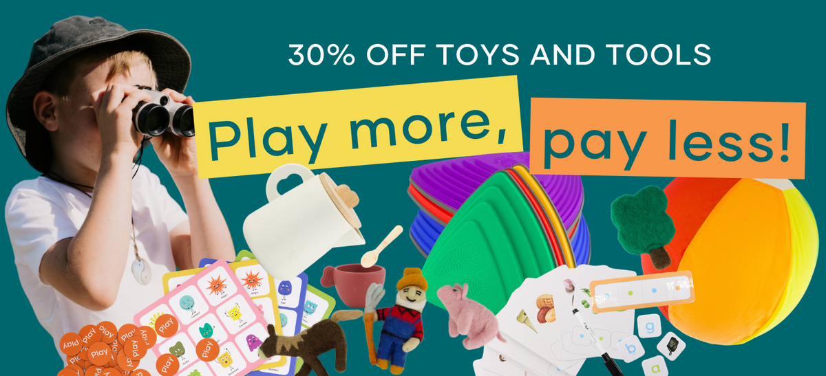 Promotional banner with a child in a black hat using binoculars on the left, large text reading '30% OFF TOYS AND TOOLS' and 'Play more, pay less!' on yellow and orange blocks, and a collage of colorful toy and tool items on a teal background.