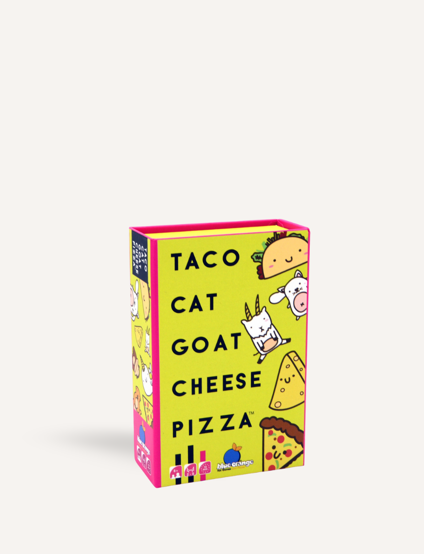 The Play Way offers the fast-paced Taco Cat Goat Cheese Pizza card game box, featuring vibrant illustrations for quick-reflex fun and laughter for all ages.