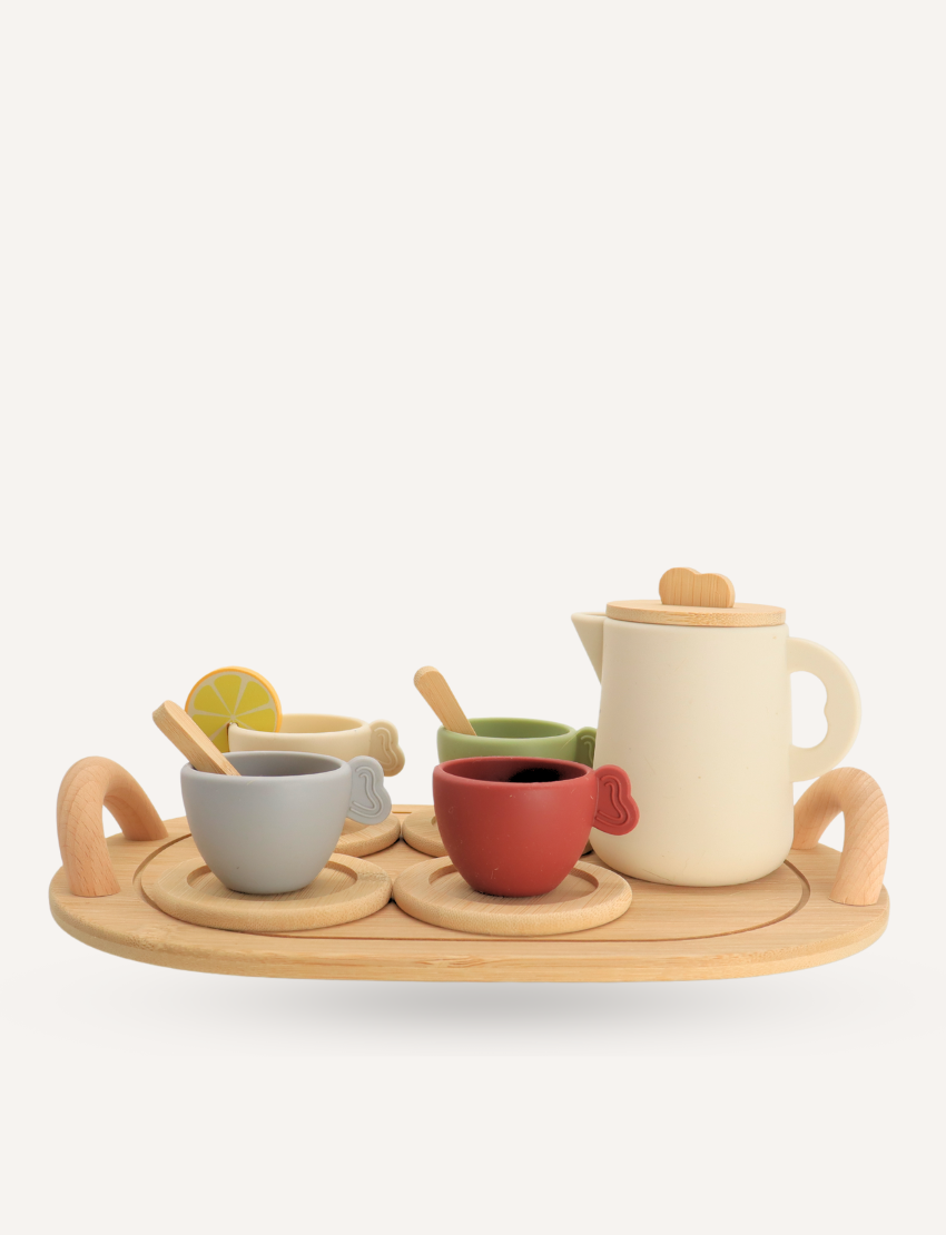 The delightful Teatime Set from Sensory Play Australia, with teapot, cups, and lemon slice for imaginative social play.