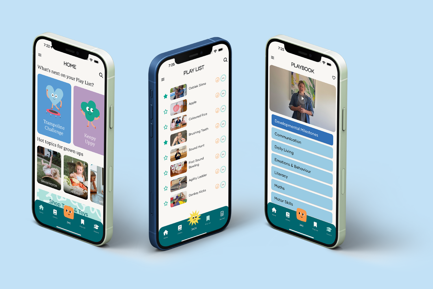 The Play Way app on three phones showcasing home, playlist, and playbook sections with activities like trampoline challenge.