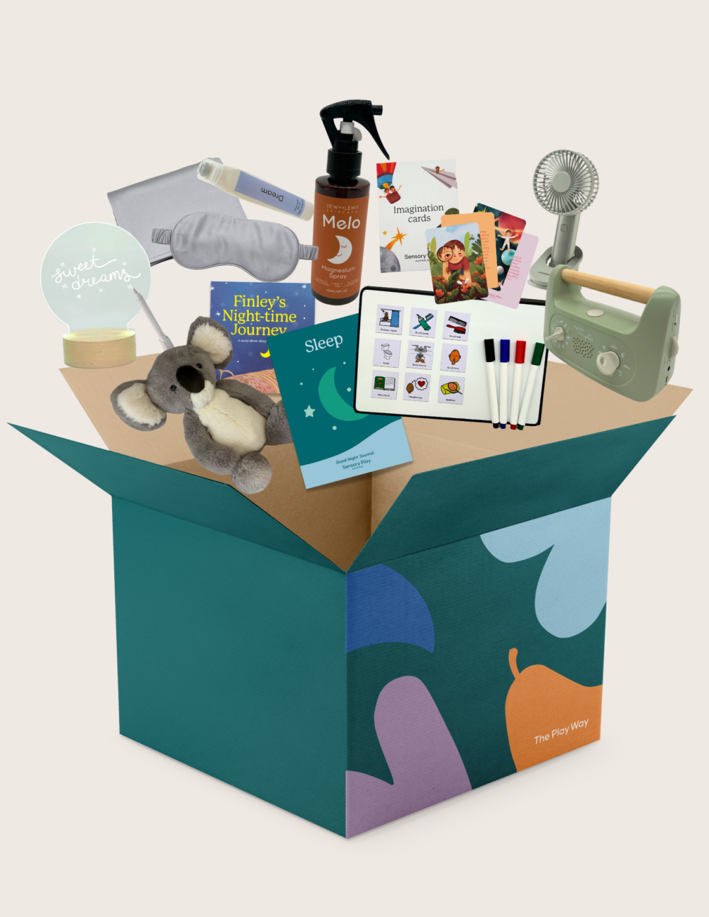 The Therapy At Home Sleep Program comes in a teal and green abstract box filled with a plush koala, children’s sleep books, white eye mask, mini fan, lotion, journal, markers, and cards.