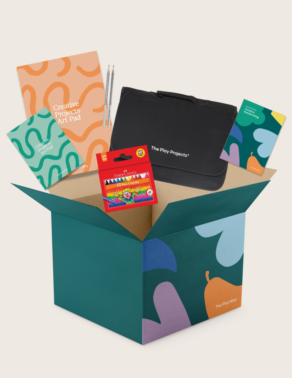 The Creative Handwriting Program by Therapy At Home includes an art pad, two pencils, a black case, crayons, and abstract booklets—ideal for supporting letter formation and fine motor skills.