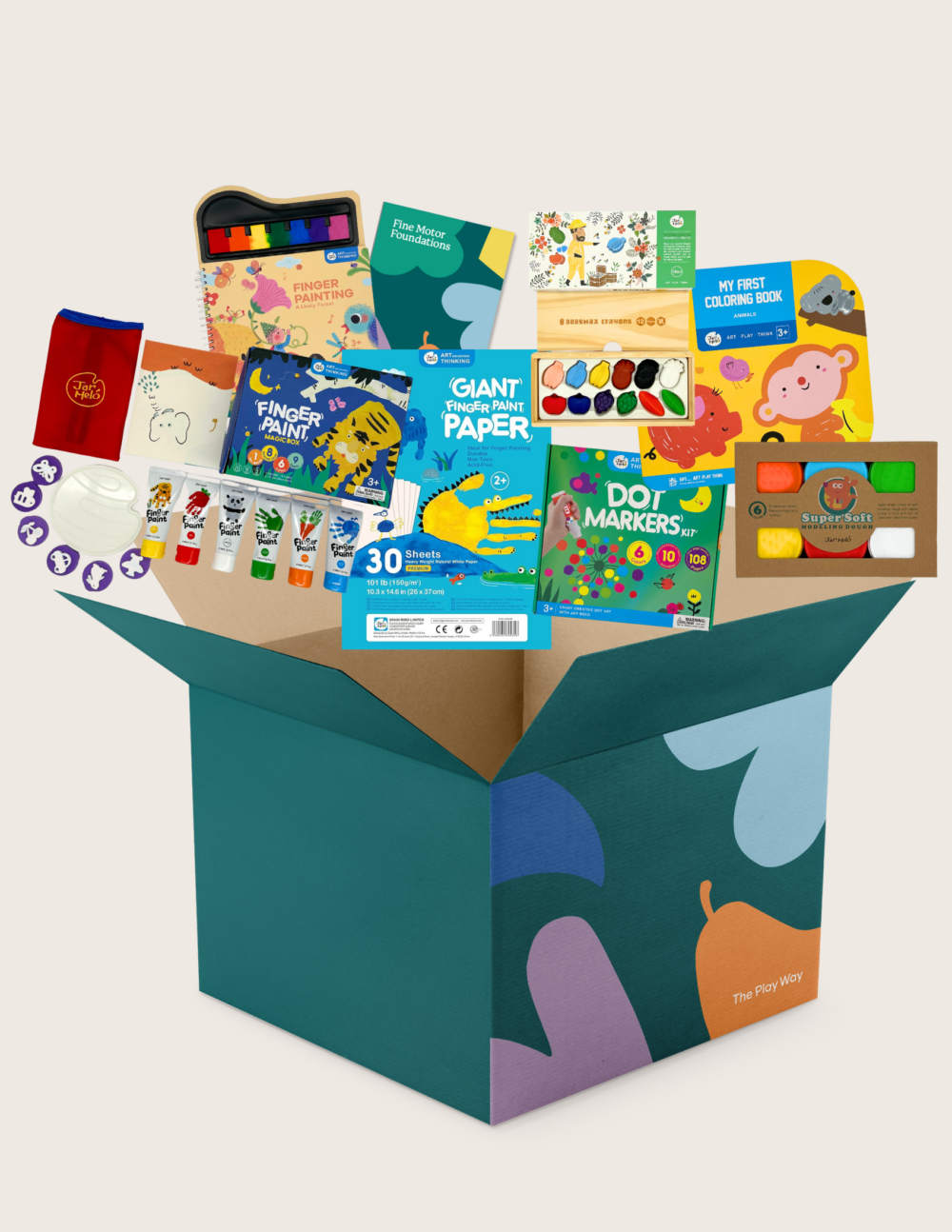 The Therapy At Home Fine Motor Foundations Program features a teal box with colorful shapes, filled with paint sets, coloring books, crayons, markers, stickers, stamps, and a red drawstring bag—ideal for boosting children's fine motor skills.