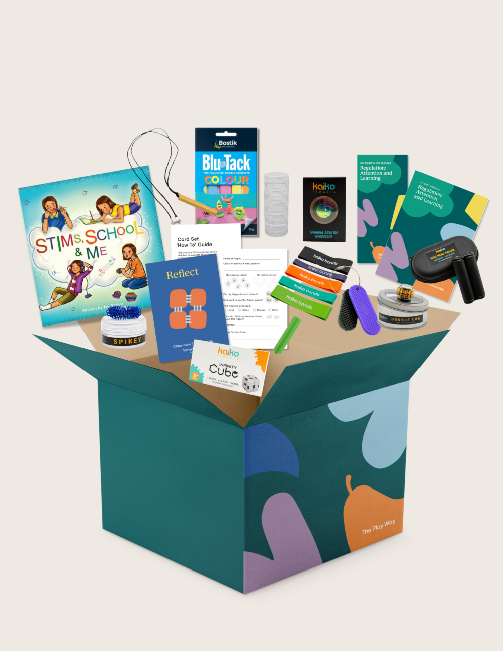 The Regulation: Attention and Learning Program by Therapy At Home is an open teal box packed with sensory and educational tools, including "Stims, School & Me," Blu-Tack, reflective cards, regulation aids, fidget toys, and more to support focused learning.