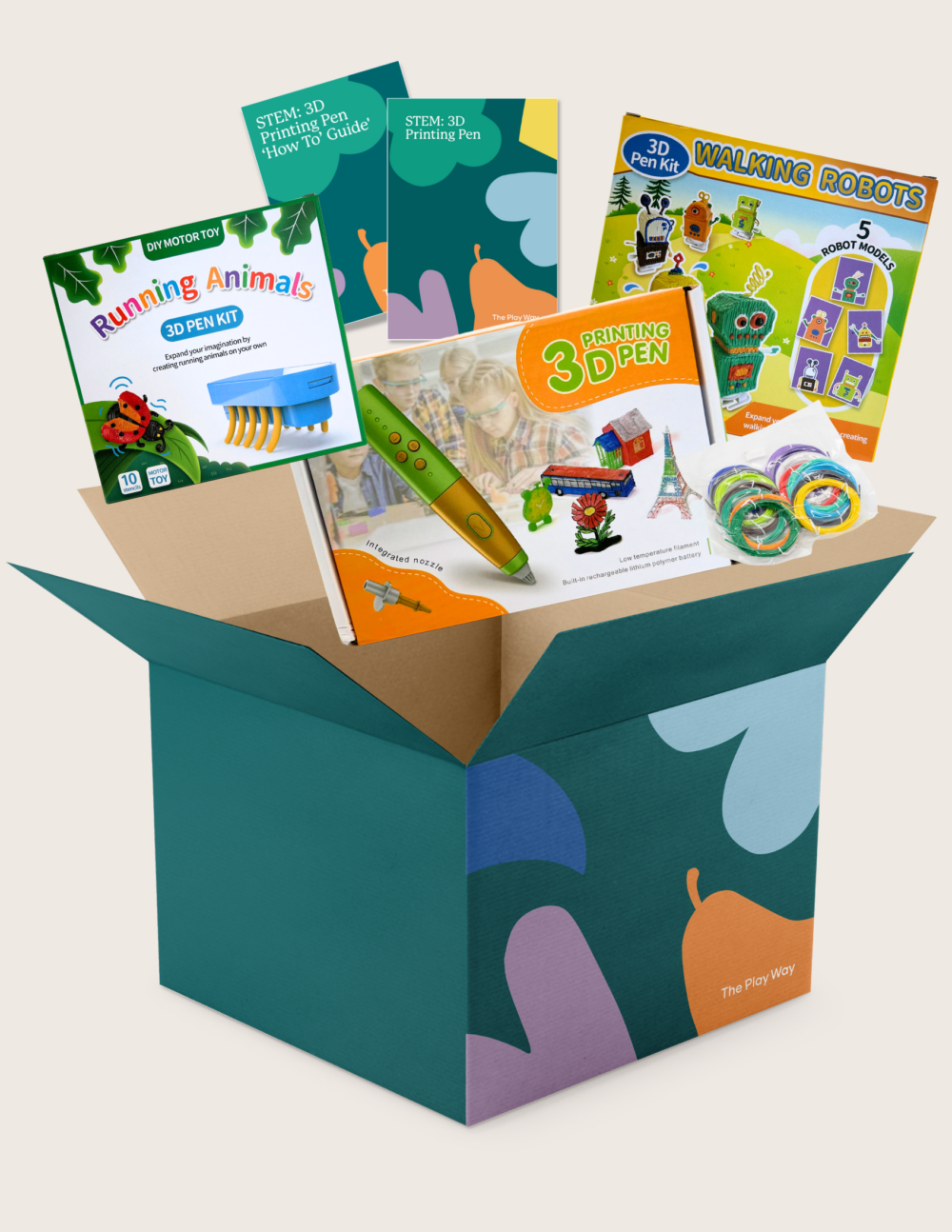 The Therapy At Home STEM: 3D Printing Pen Program includes a green pen, booklets, filaments, and kits to create running animals and walking robots—ideal for fine motor skills and STEM learning. The box is decorated with colorful abstract shapes.