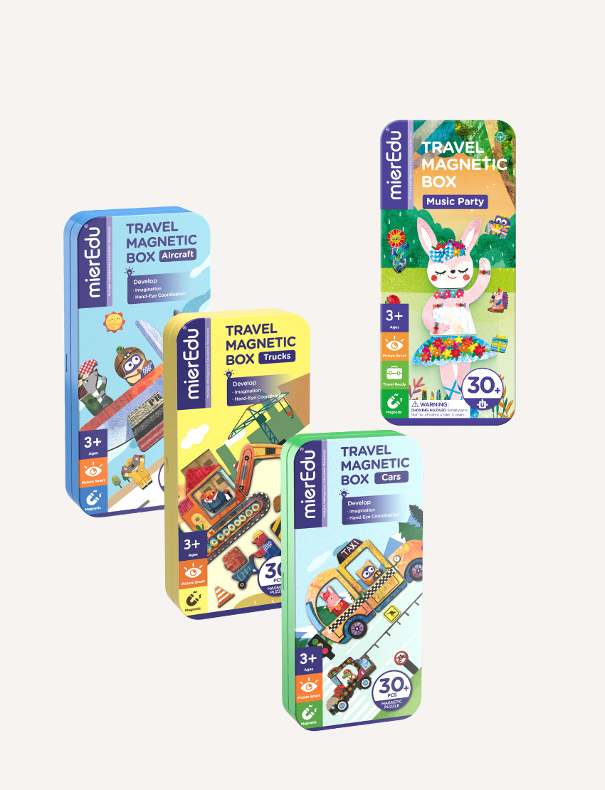 Four vibrant Travel Magnetic Boxes from mierEdu are showcased with children's themes. Each box presents unique motifs: aircraft, trucks, cars, and music parties. Designed to improve hand-eye coordination for children aged 3 and up, the cover of each box features charming illustrations of its theme.