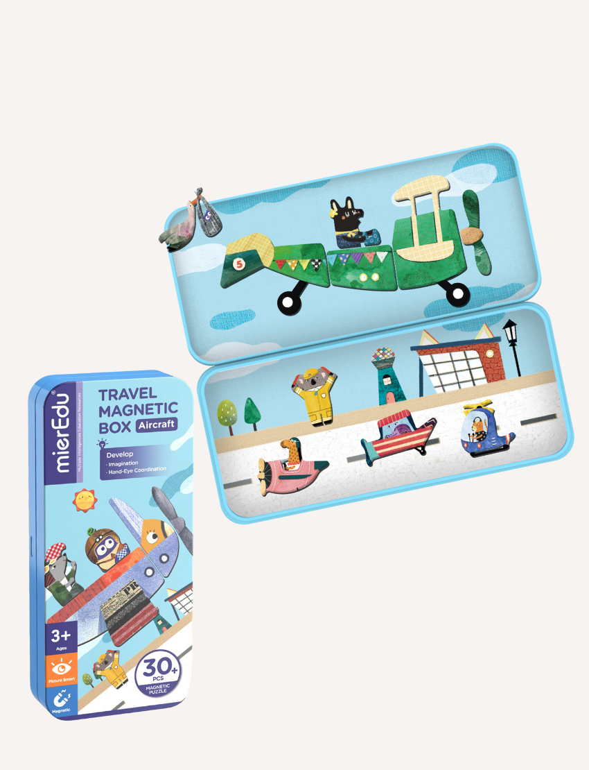 Four vibrant Travel Magnetic Boxes from mierEdu are showcased with children's themes. Each box presents unique motifs: aircraft, trucks, cars, and music parties. Designed to improve hand-eye coordination for children aged 3 and up, the cover of each box features charming illustrations of its theme.