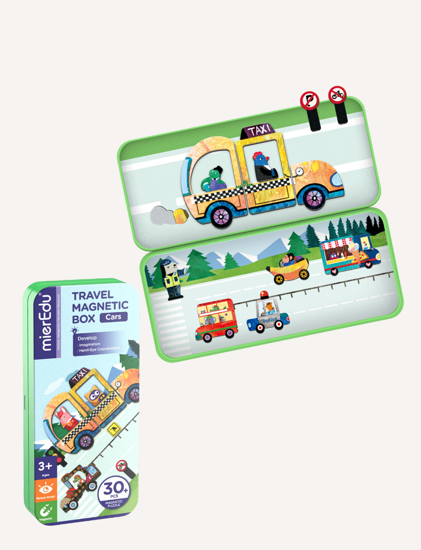 Four vibrant travel magnetic boxes by mierEdu showcase children's themes: Aircraft, Trucks, Cars, and Music Party. These colorful boxes include engaging themed magnetic pieces and are suitable for ages 3 and up.