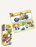 Four vibrant travel magnetic boxes by mierEdu showcase children's themes: Aircraft, Trucks, Cars, and Music Party. These colorful boxes include engaging themed magnetic pieces and are suitable for ages 3 and up.