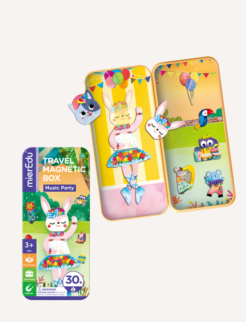 Four vibrant travel magnetic boxes by mierEdu showcase children's themes: Aircraft, Trucks, Cars, and Music Party. These colorful boxes include engaging themed magnetic pieces and are suitable for ages 3 and up.