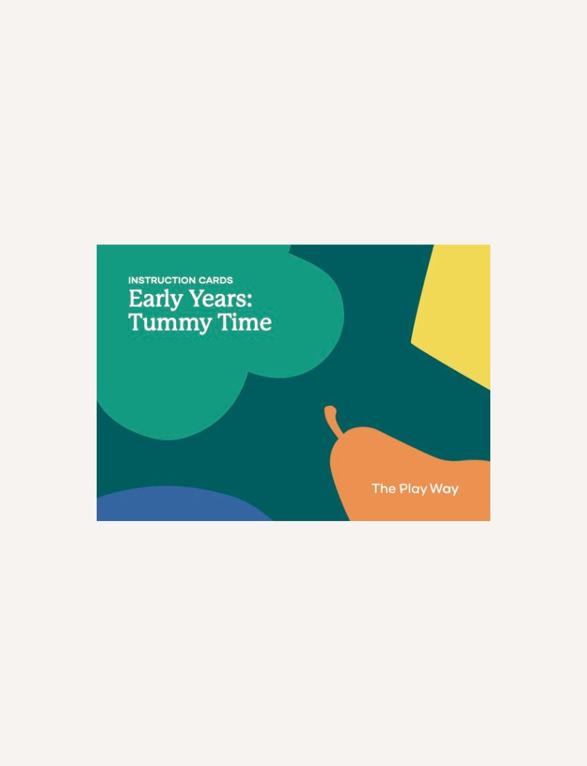 A rectangular card titled "Tummy Time Instruction Cards Digital Resource" features white text on a green background with yellow, blue, and orange shapes. Ideal for infant tummy time activities. "The Play Way" appears in the lower right corner.