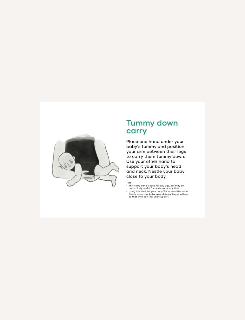 A rectangular card titled "Tummy Time Instruction Cards Digital Resource" features white text on a green background with yellow, blue, and orange shapes. Ideal for infant tummy time activities. "The Play Way" appears in the lower right corner.