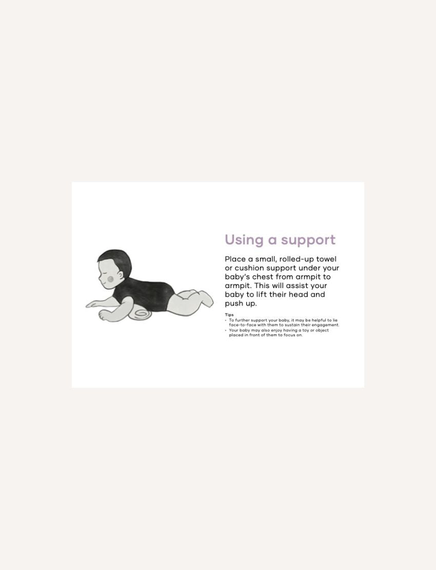 A rectangular card titled "Tummy Time Instruction Cards Digital Resource" features white text on a green background with yellow, blue, and orange shapes. Ideal for infant tummy time activities. "The Play Way" appears in the lower right corner.