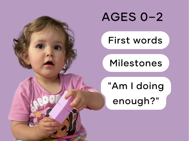 Child holding a toy with text about first words and milestones on a purple background