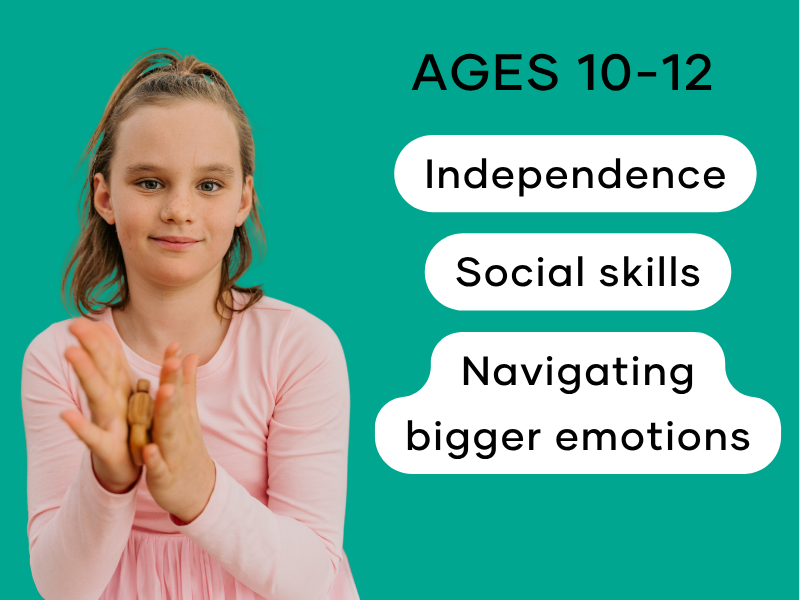 Girl with open palms against a teal background with text about independence, social skills, and emotions for ages 10-12.