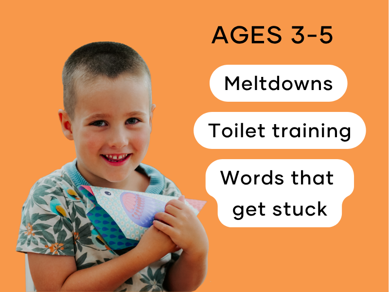 Child holding a colorful object with text about ages 3-5, meltdowns, toilet training, and stuck words on an orange background.
