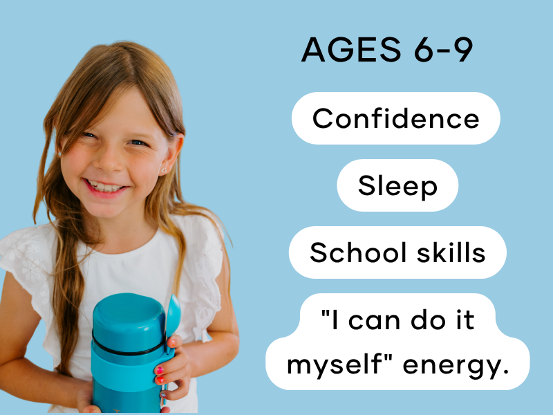 Young girl holding a blue thermos with educational text on a light blue background