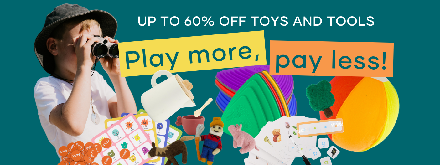 Promotional banner with a child in a black hat using binoculars on the left, large text reading 'UP TO 60% OFF TOYS AND TOOLS' and 'Play more, pay less!' on yellow and orange blocks, and a collage of colorful toy and tool items on a teal background.