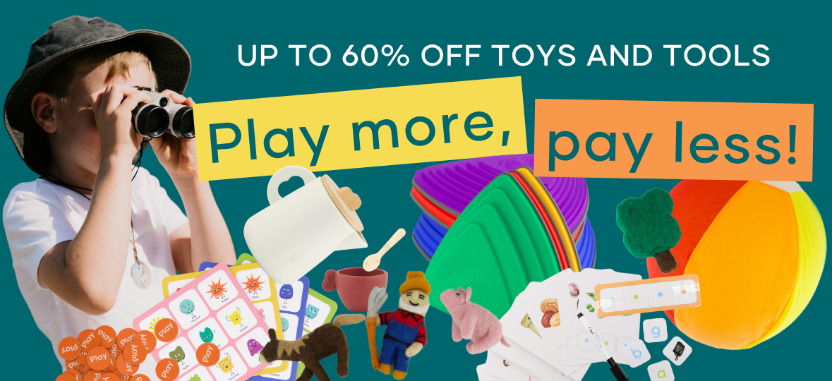Promotional banner with a child in a black hat using binoculars on the left, large text reading 'UP TO 60% OFF TOYS AND TOOLS' and 'Play more, pay less!' on yellow and orange blocks, and a collage of colorful toy and tool items on a teal background.