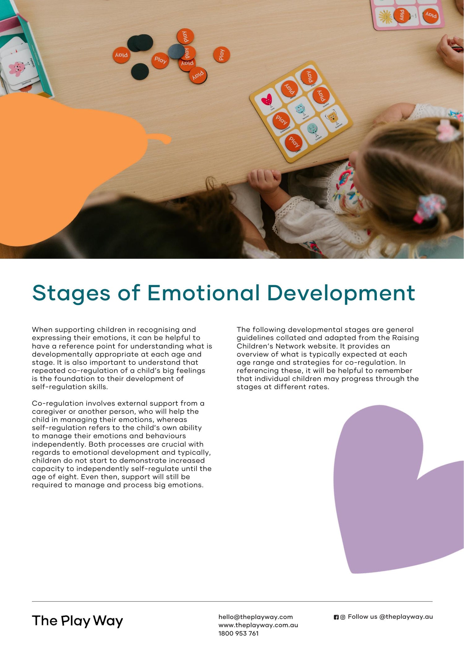 Cover page for 'Stages of Emotional Development' from The Play Way, showing children interacting with a game.