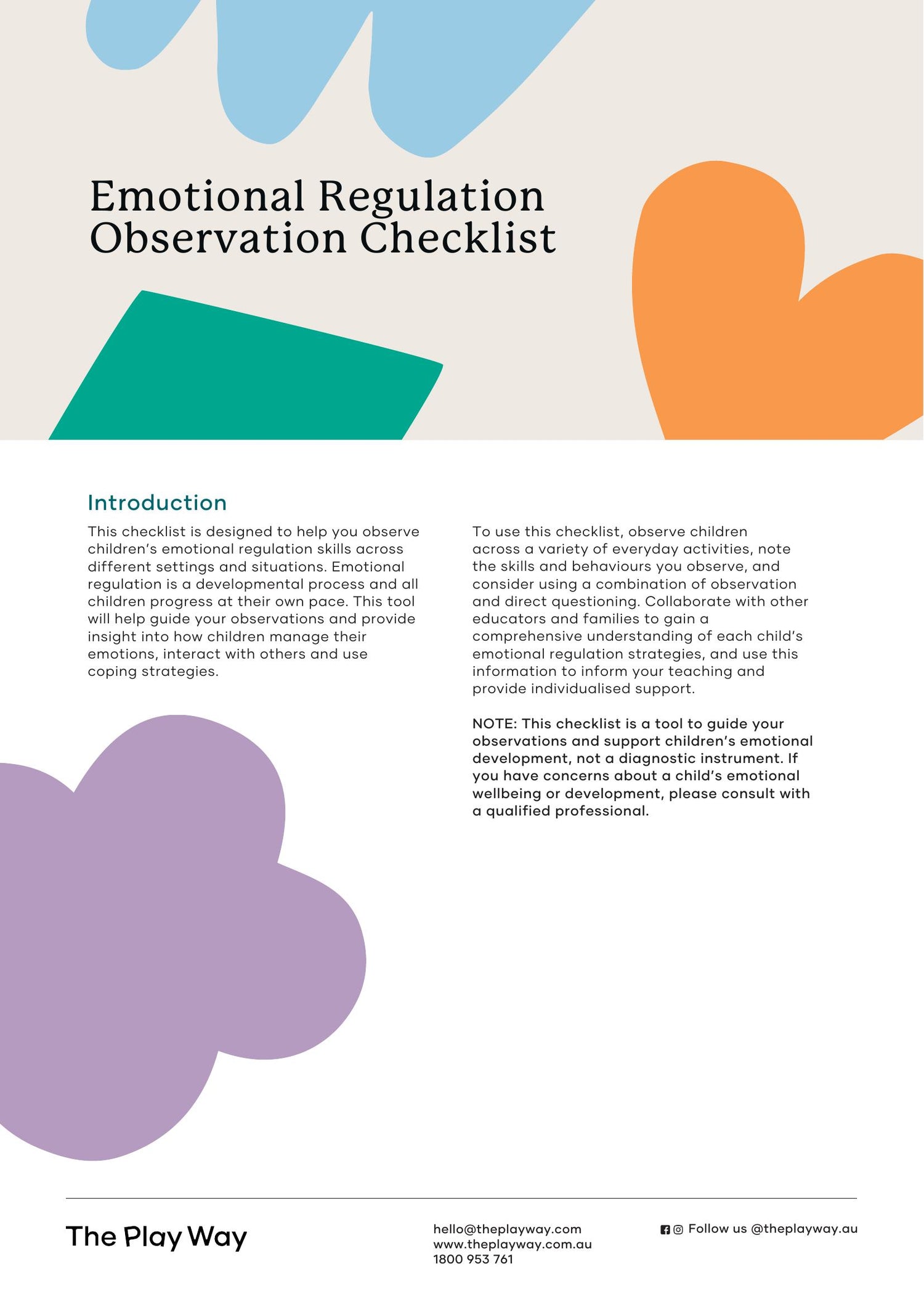 Cover page for the 'Emotional Regulation Observation Checklist' by The Play Way, featuring colorful graphic elements.