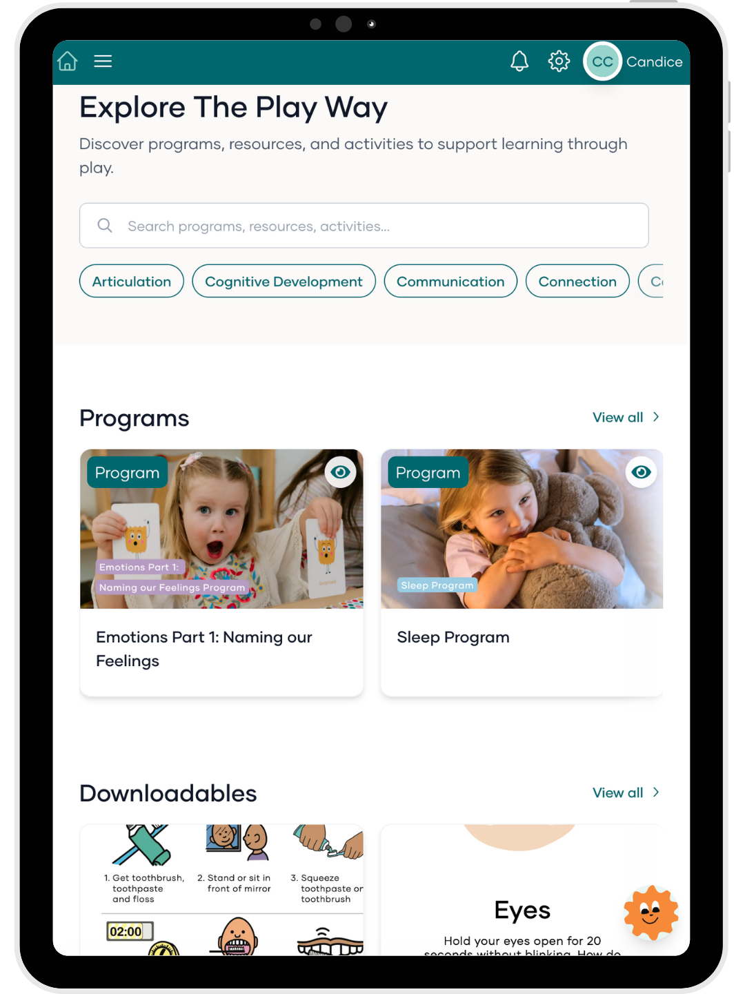Screen of a digital platform for learning through play on a tablet device.
