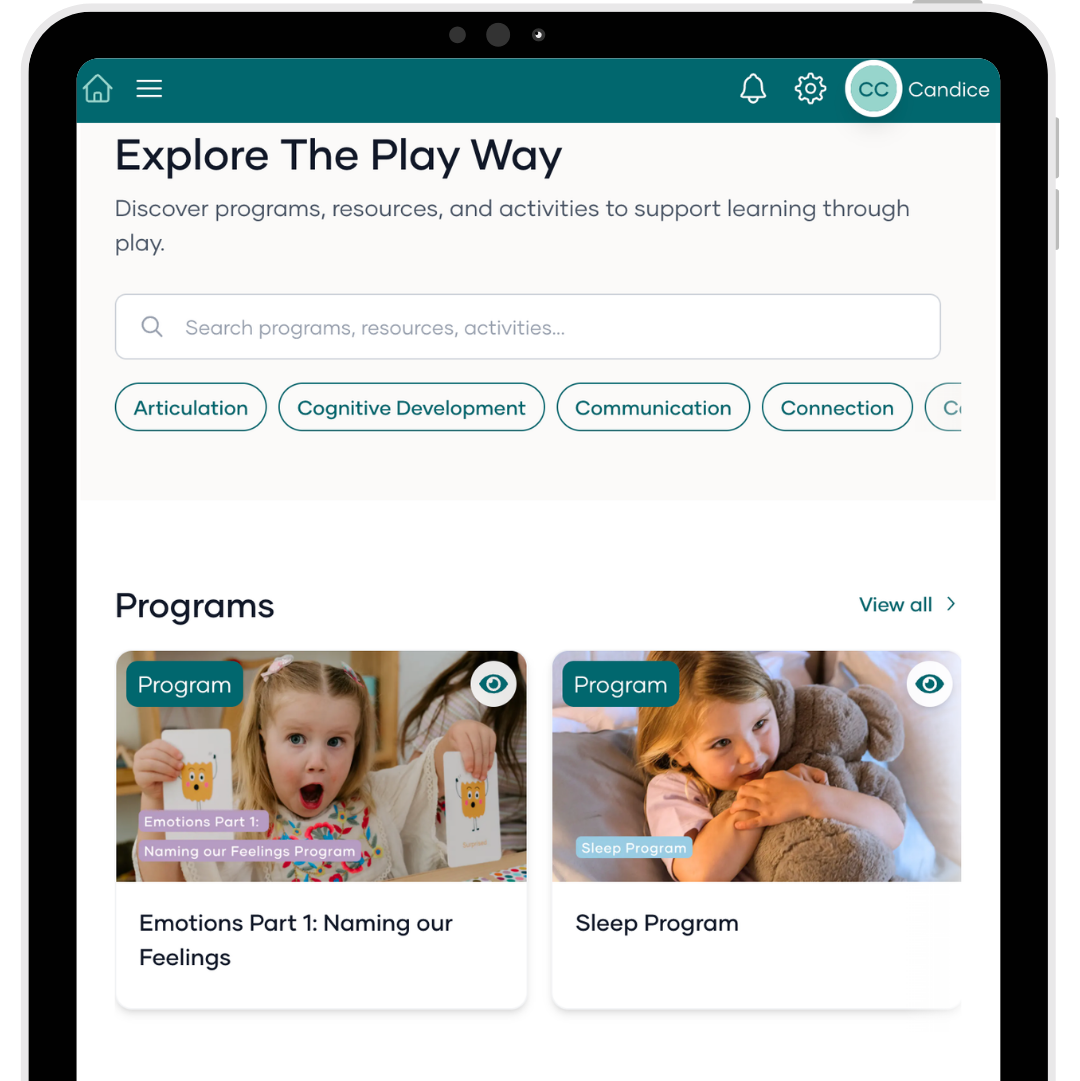 Screen of a digital platform Hub by The Play Way with educational programs for children on a tablet.