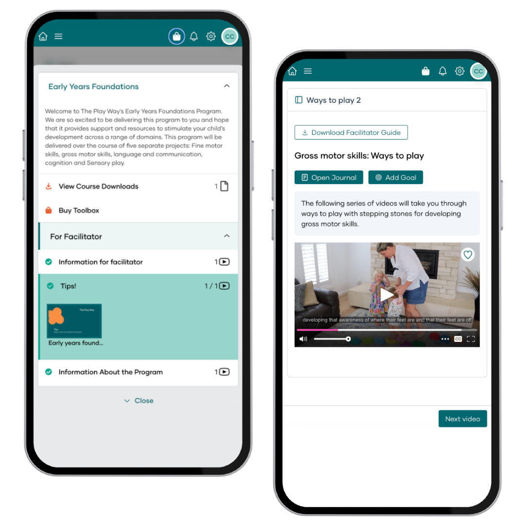 Two smartphone screens displaying educational app interfaces with text and video content.
