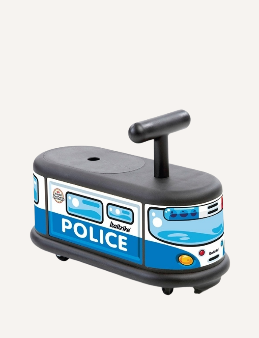 The la cosa1 RIDE ON by Italtrike Tricycles is a toddler's ride-on toy car designed like a police vehicle, featuring a blue and white scheme with "POLICE" on the side, a black handle for easy steering, and small wheels for smooth movement.