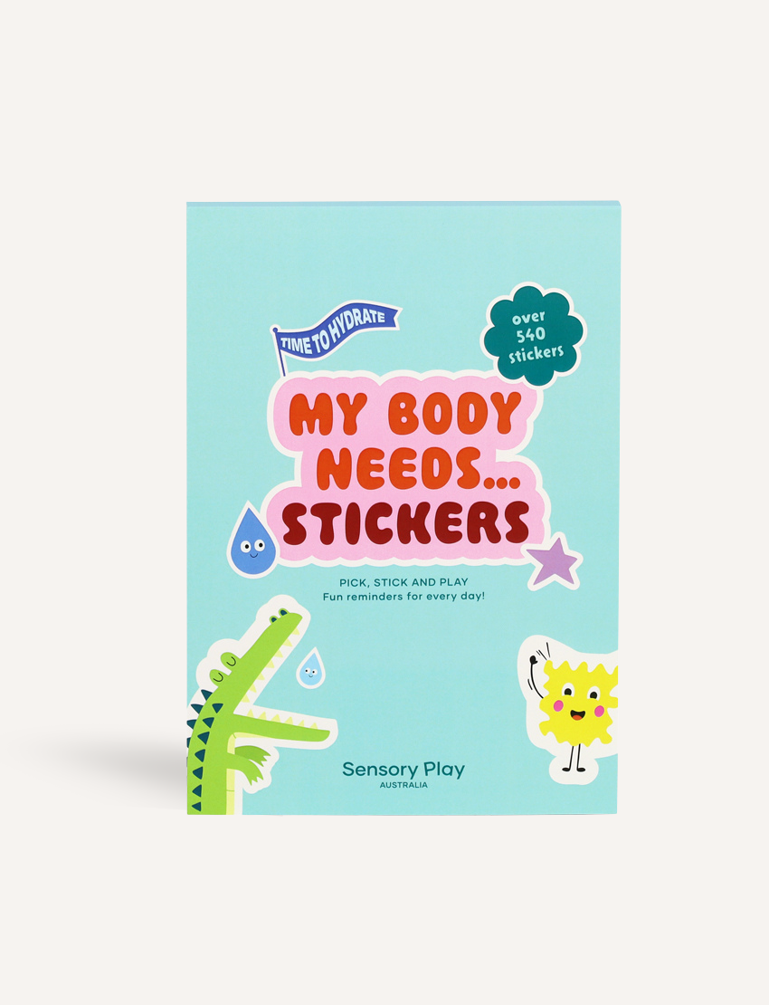 The image features a light blue "My Body Needs Sticker Book" by Sensory Play Australia, showcasing a green alligator, water droplets, and a cheerful yellow sun. It promotes healthy habits with 540 stickers for children to enjoy playful self-care activities through picking and sticking.