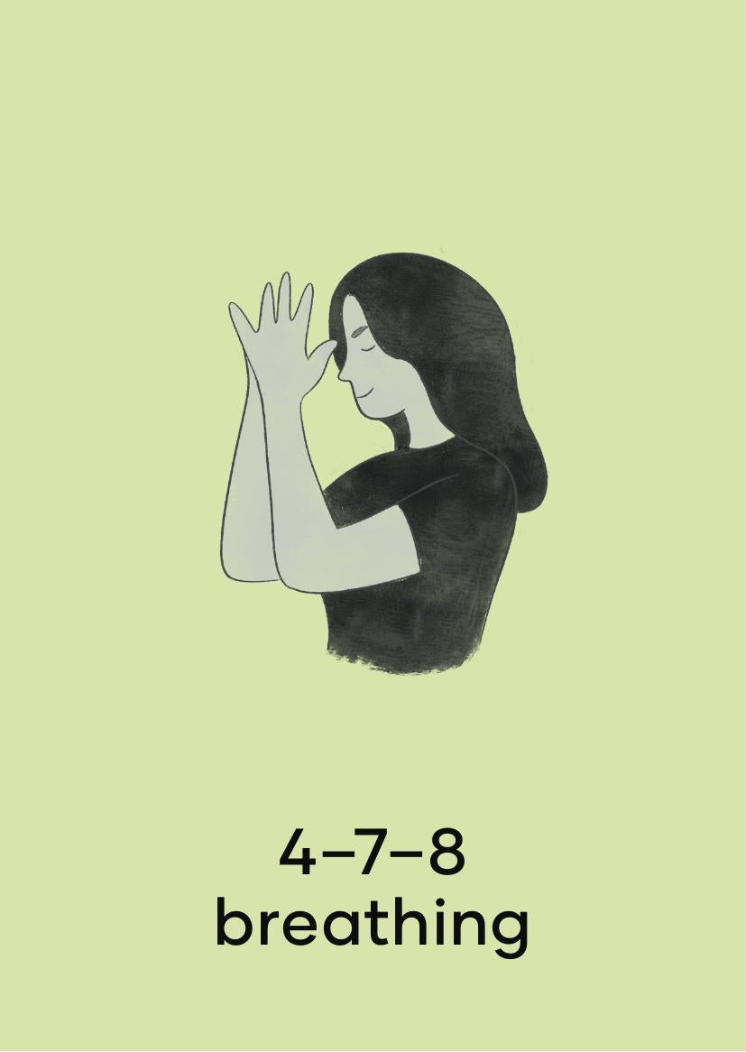 Parent self-care card with illustration of a woman practicing 4-7-8 breathing technique.