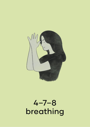 Parent self-care card with illustration of a woman practicing 4-7-8 breathing technique.