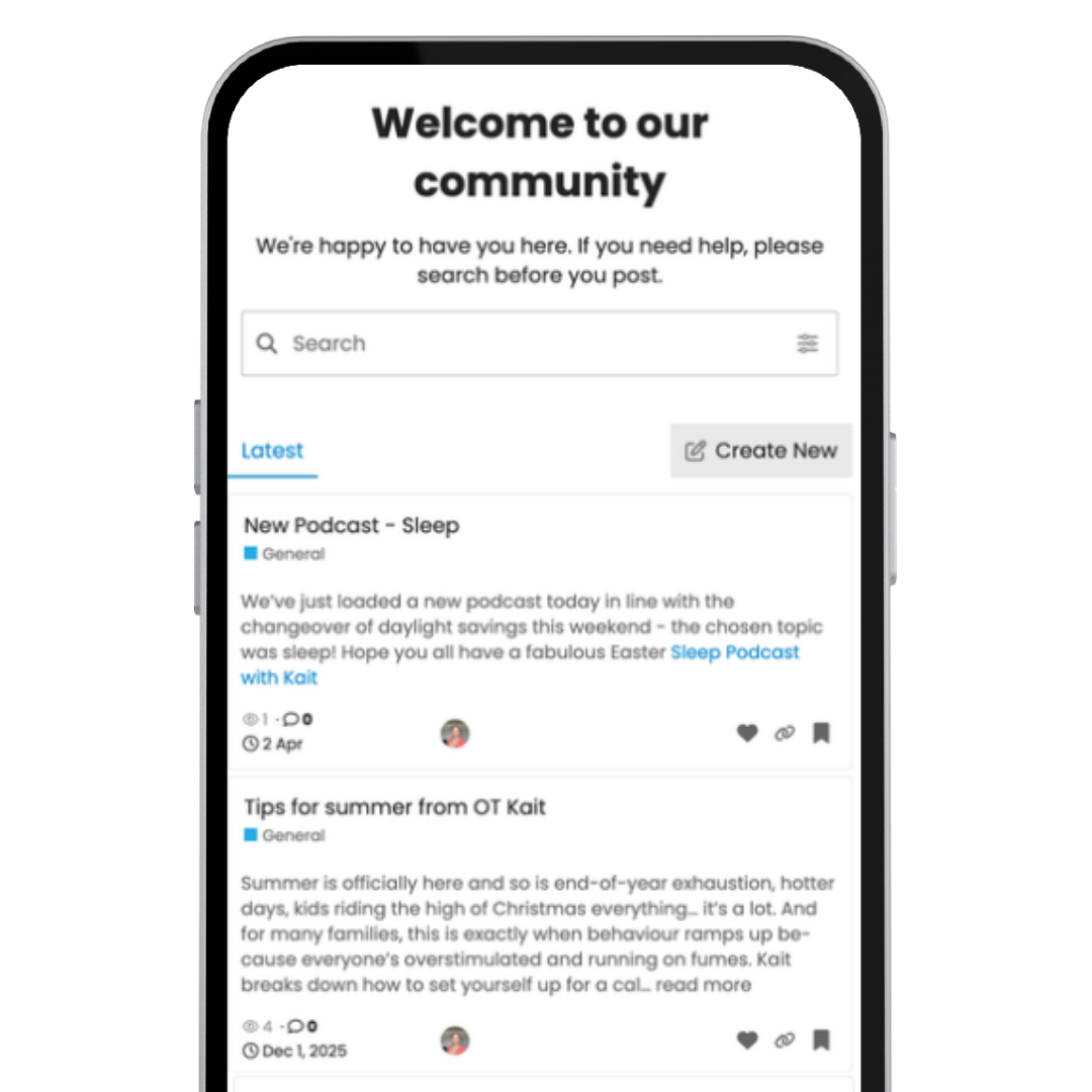 Phone screen displaying a community platform with a welcome message and search bar.
