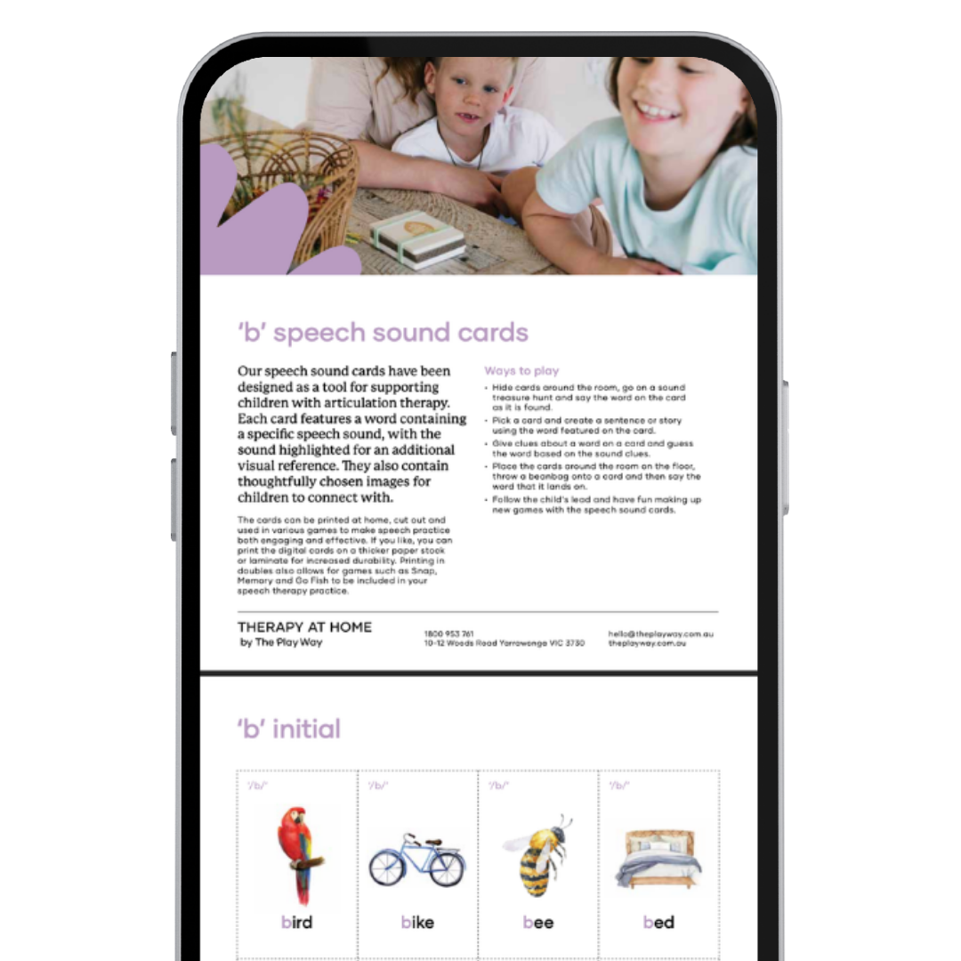 Phone screen displaying a product page for 'b' speech sound cards with images of children and text.