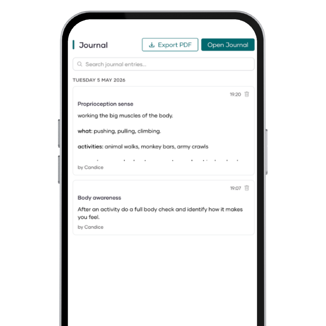 Phone screen displaying a journal app with text entries.