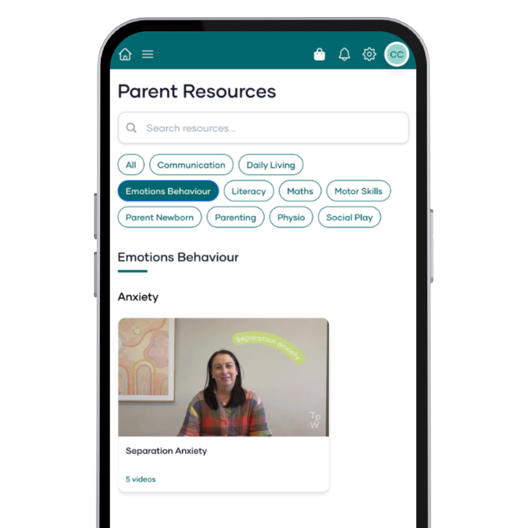Phone screen displaying a Parent Resources app with a video on anxiety.