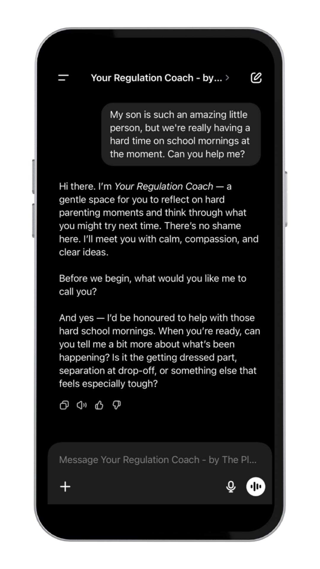 Smartphone screen displaying 'Your Regulation Coach' app interface.